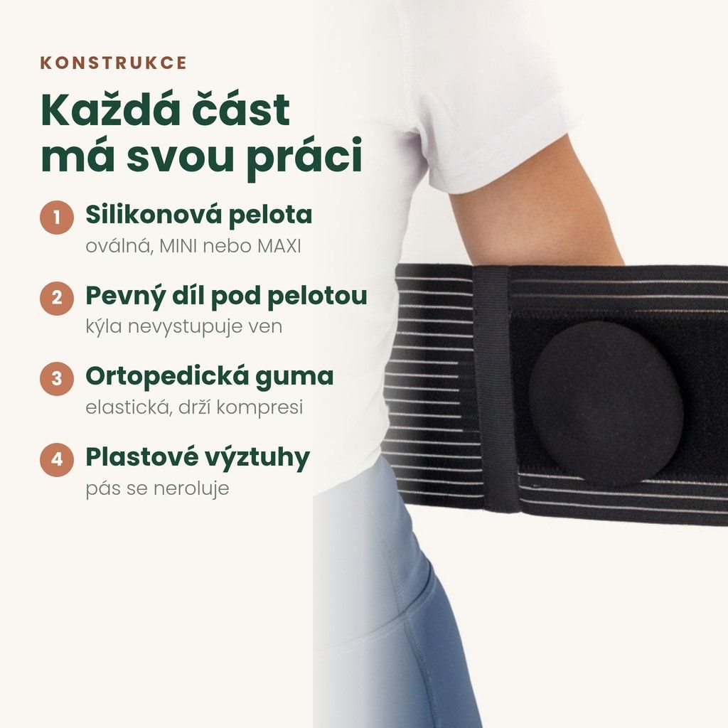 Konstrukce pásu – silikonová pelota, pevný díl, ortopedická guma a plastové výztuhy
