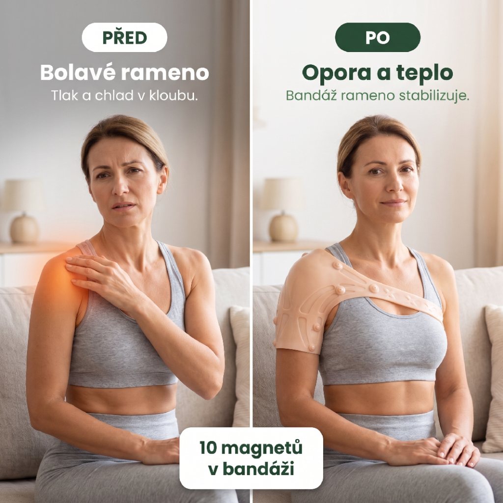 Gelová bandáž na rameno s magnety před a po – bolavé rameno a opora ramenního kloubu
