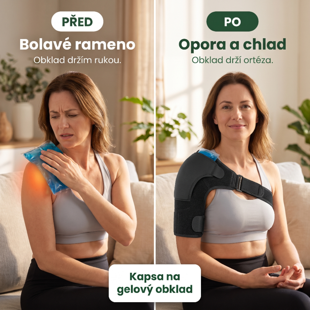 Neoprenová ortéza ramene před a po – bolavé rameno a opora s chladivým gelovým obkladem