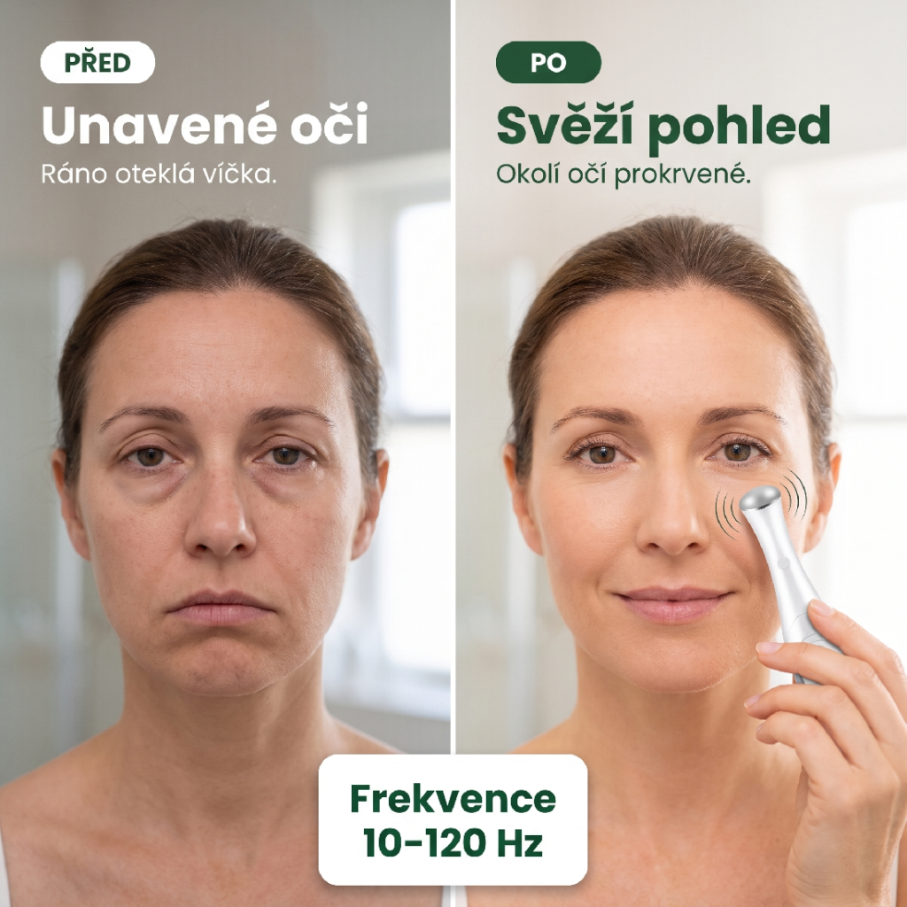 Vibrační masážér obličeje před a po – unavené oči a svěží pohled, frekvence 10–120 Hz