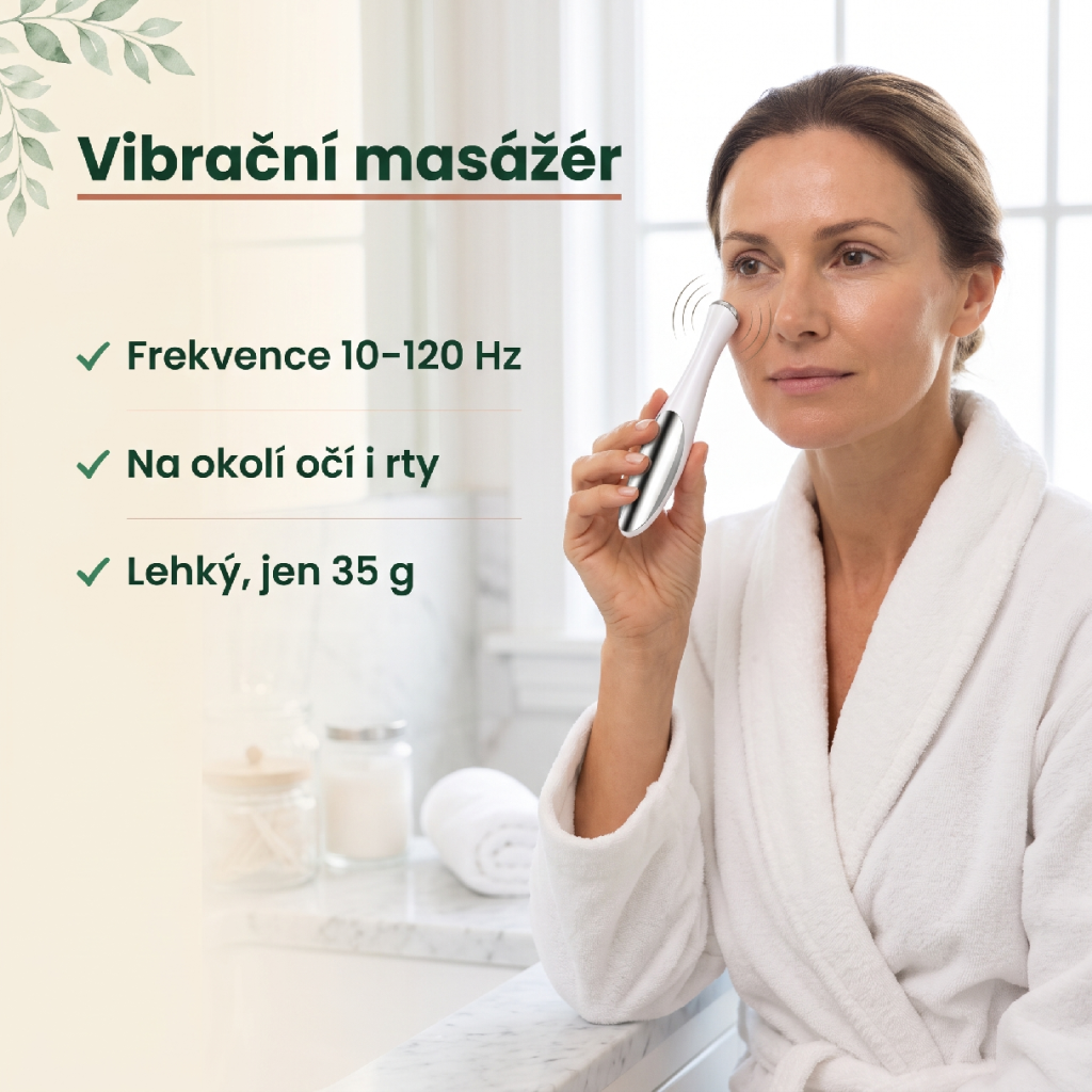 Vibrační masážér obličeje – 10–120 Hz, na okolí očí a rtů, lehký do ruky