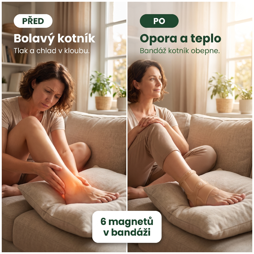 Gelová bandáž na kotník před a po – bolavý kotník a opora s 6 magnety