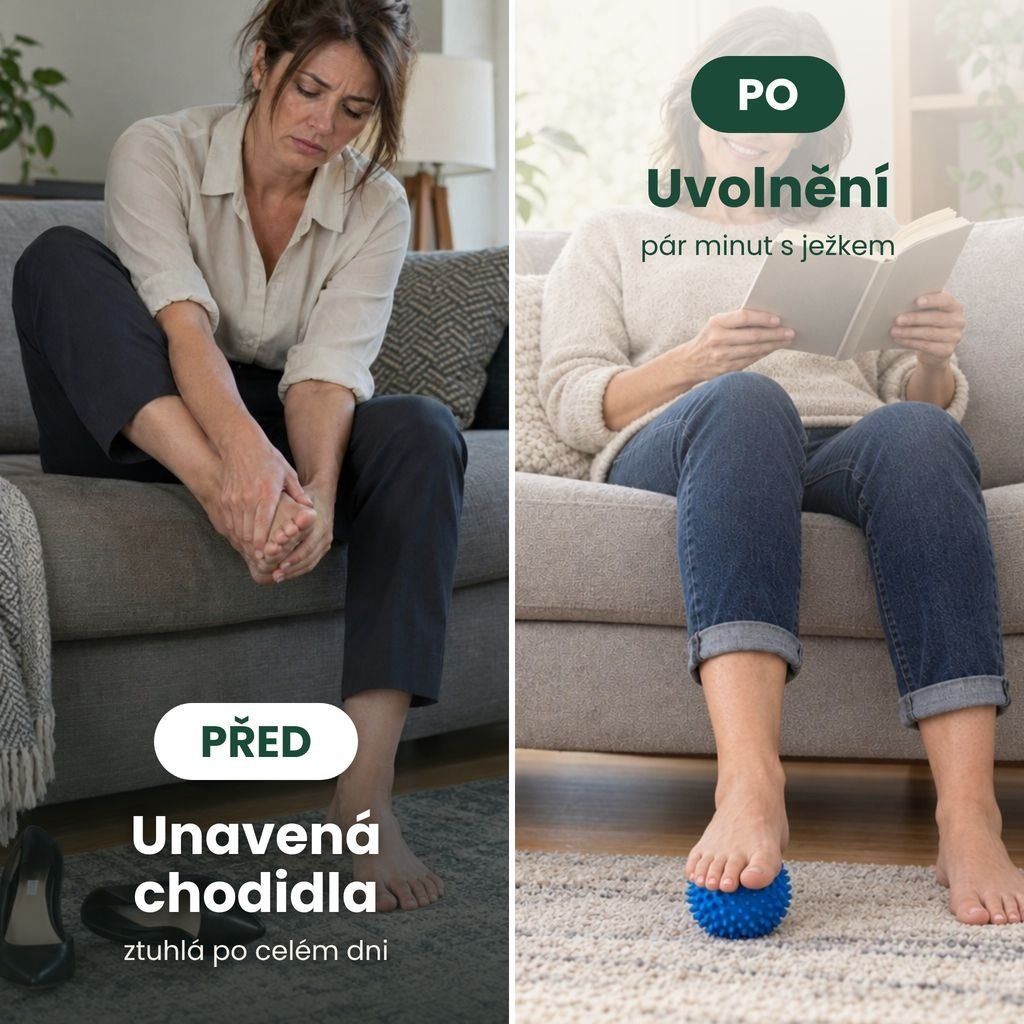 Masážní ježek na chodidla 7 cm před a po – unavená chodidla a uvolnění