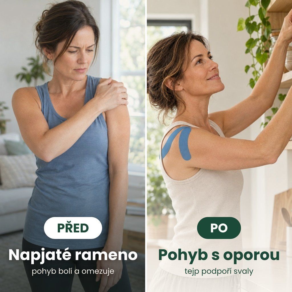 Kinesio tejp 5 cm × 5 m před a po – napjaté rameno a pohyb s oporou